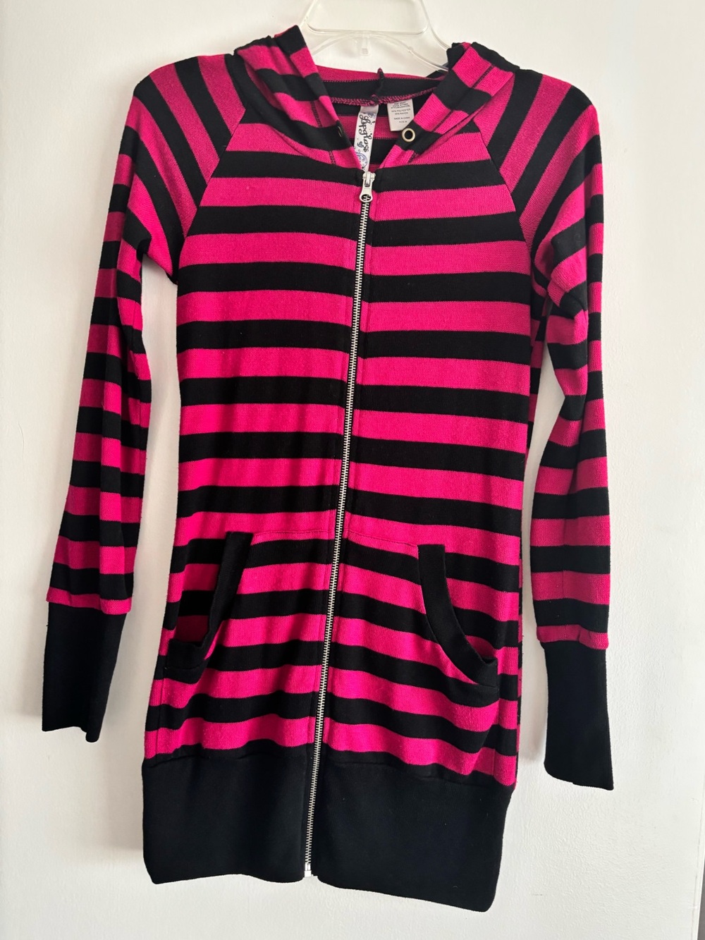 Pink & Black Striped Hooded Zip-Up Sweater